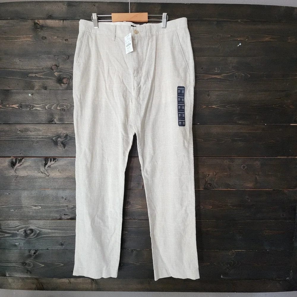 J.Crew Mens 33x32 Classic Fit Linen Trouser Beige‎ Glen Check Plaid Pants NWT